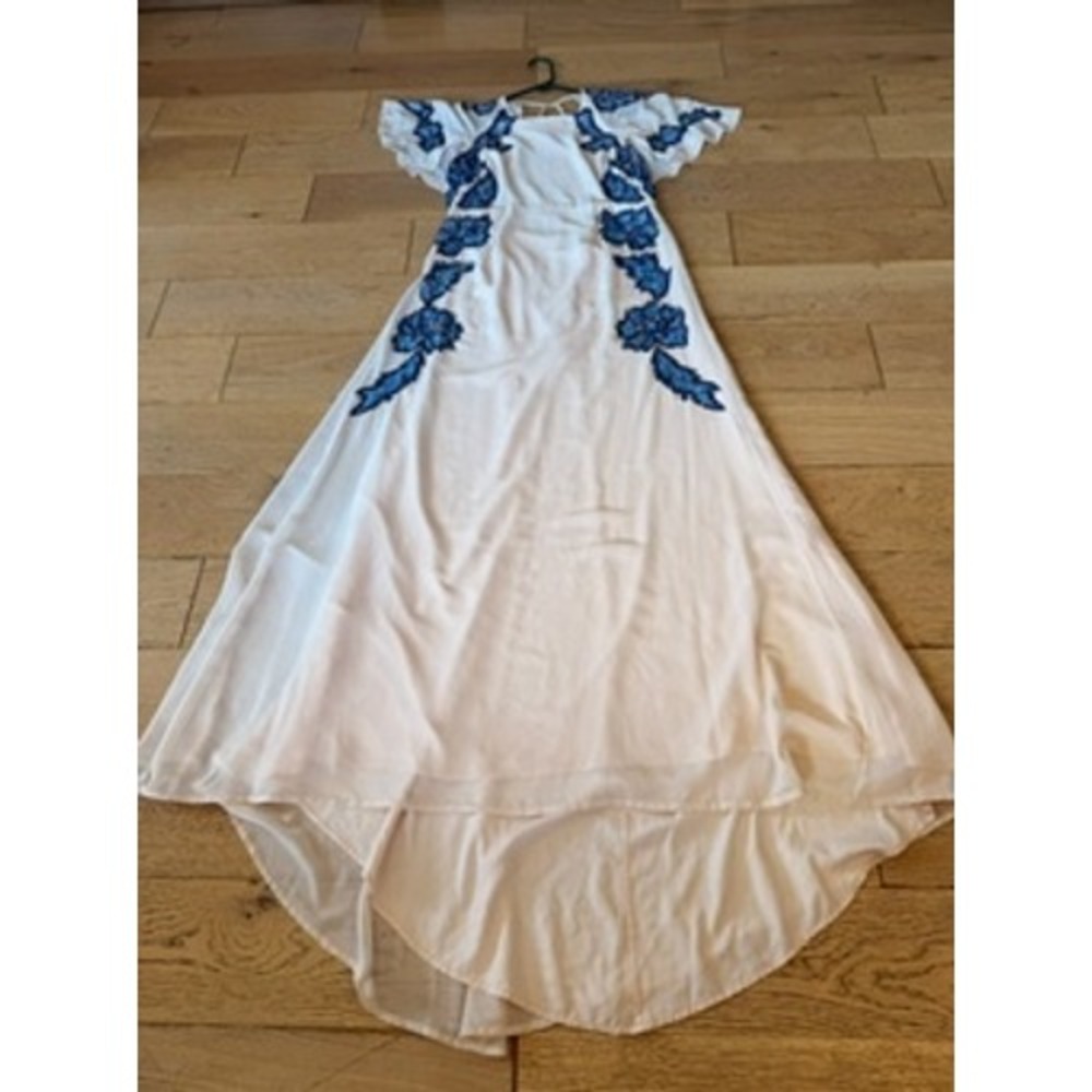 ASOS Maxi Dress Size 12 Light Pink with Blue Sequins Floral High-Low (1672)